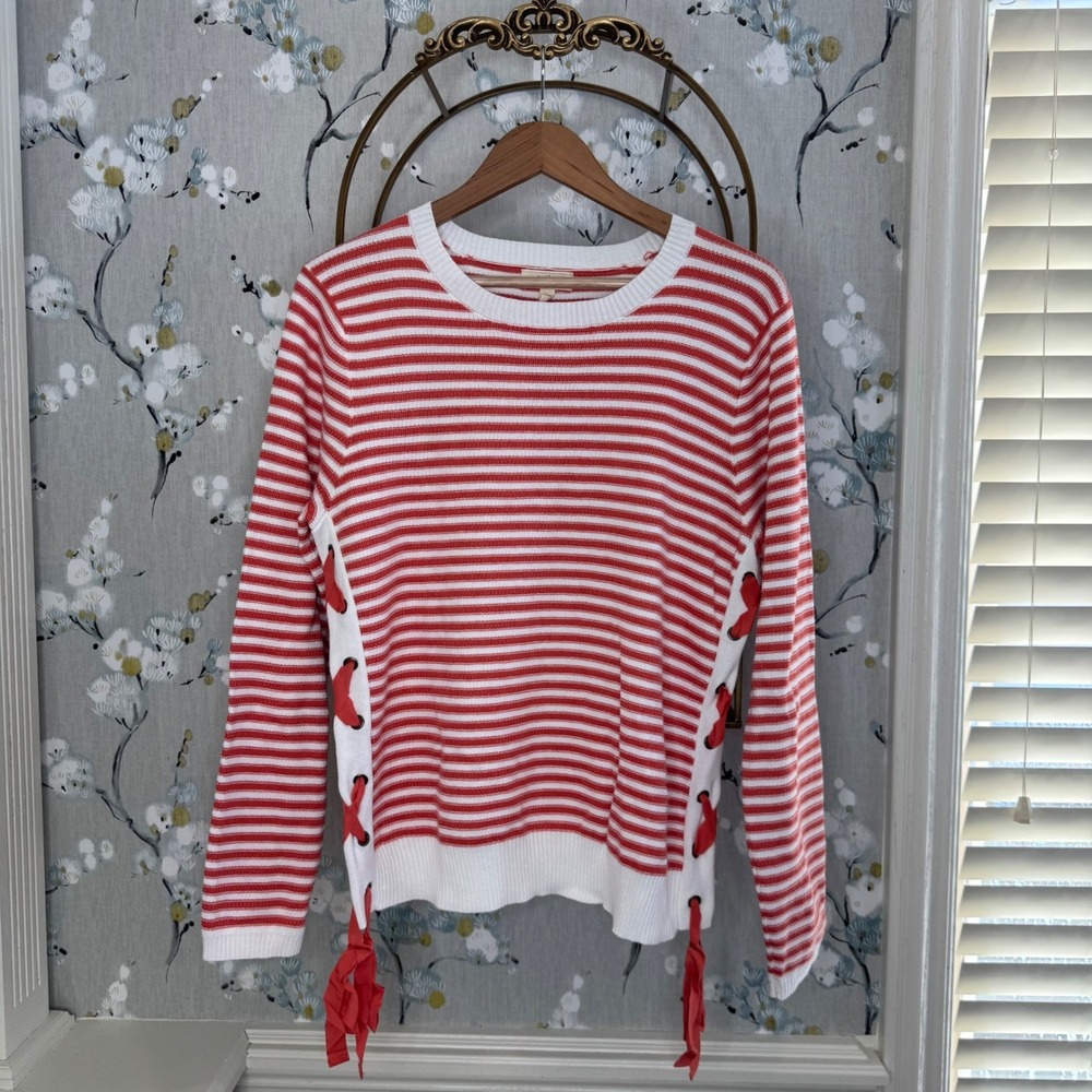 Cupio Womens XL Red White Striped Lace Up Ribbon Sweater Long Sleeve Crewneck